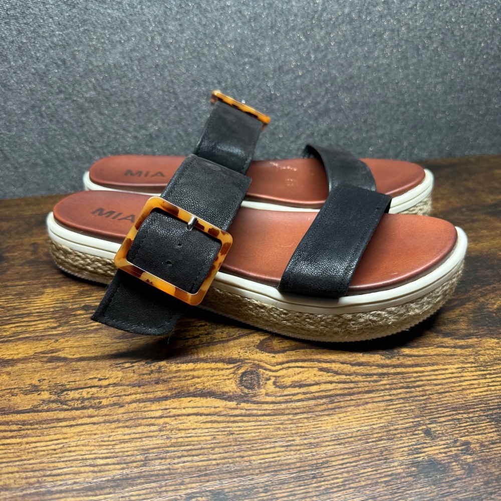 MIA Carleen Black Platform Espadrille Sandals Size 9 Tortoise Buckle Slide Boho